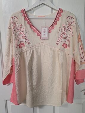Embroidered V-Neck Tunic Top in Cream and Coral